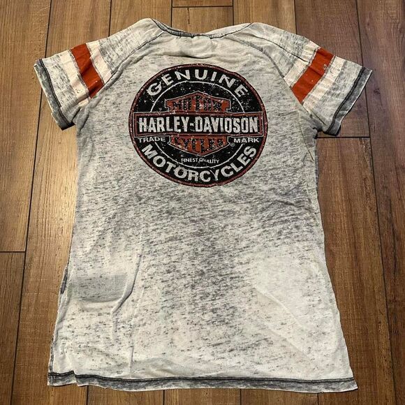Y2K women's thin Harley Davidson grey and orange shirt‎ large - Picture 1 of 5